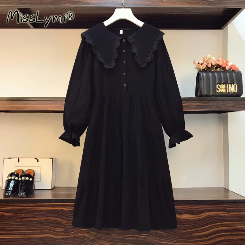 Женское черное платье-кавайная модель большого размера Осень 2020 кружевное