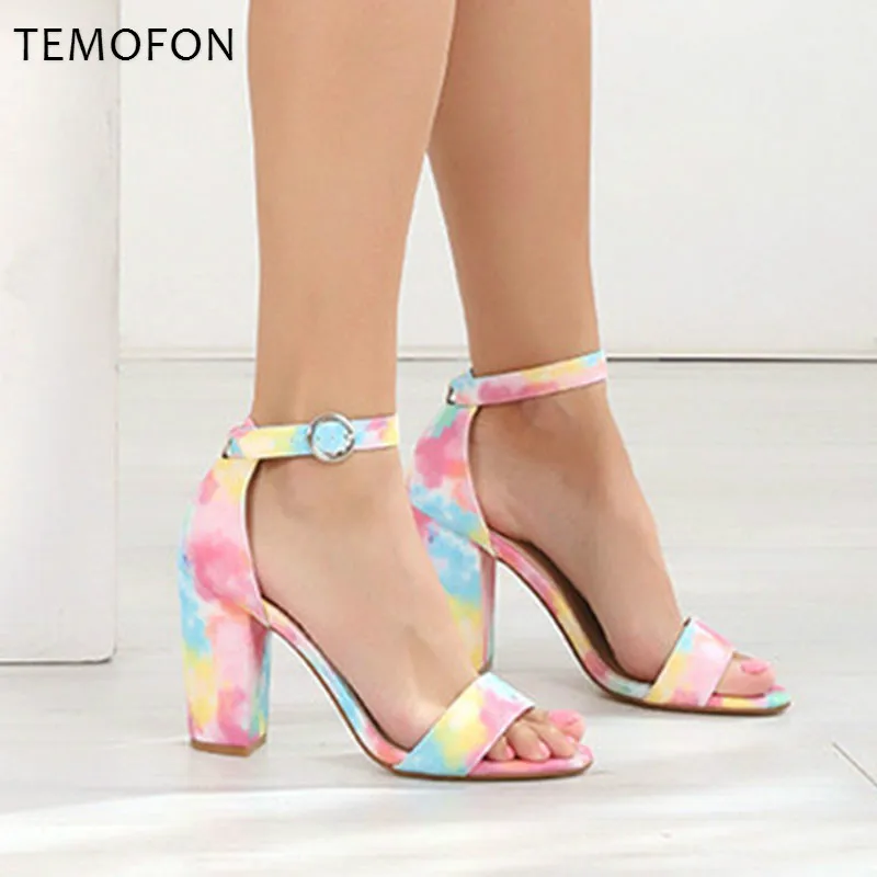 

TEMOFON women square heel pumps with ankle strap open toed pumps shoes leather colorful fashion high heel sandals women HVT726