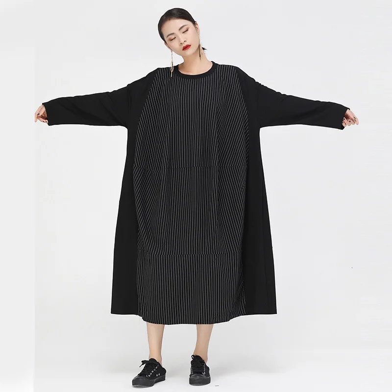 [EAM] Women Striped Split Joint Big Size Dress New Round Neck Long Sleeve Loose Fit Fashion Tide Spring Autumn 1H240