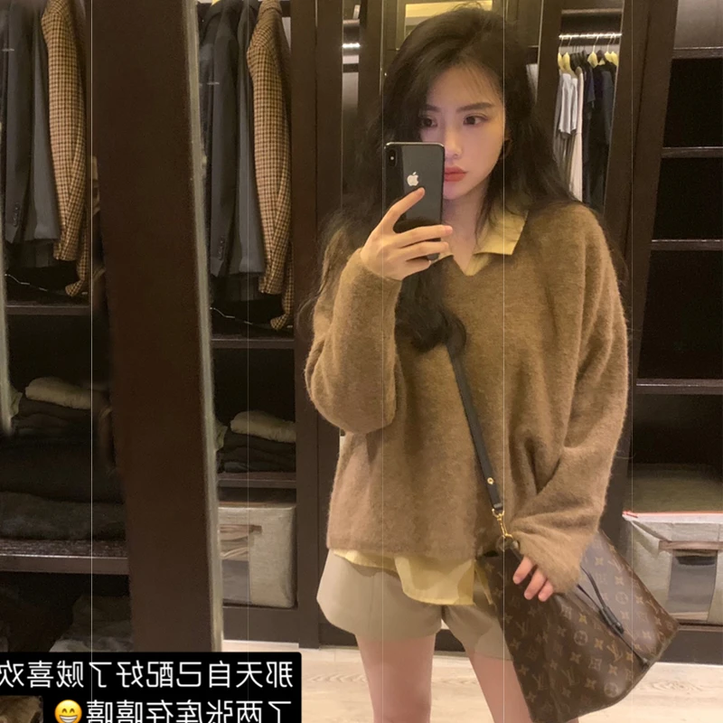 

RUGOD 2020 New Arrival Solid Lazy Style Women Pullover V-neck Long Sleeve Female Sweaters Fashion Chic Simple Women's Outfit