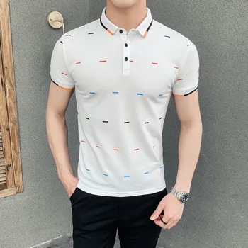 

Striped Polo Shirt Men Slim Fit Casual Embroidery Polo Homme Mens Cotton Short Sleeve Turn Down Collar Business Polos