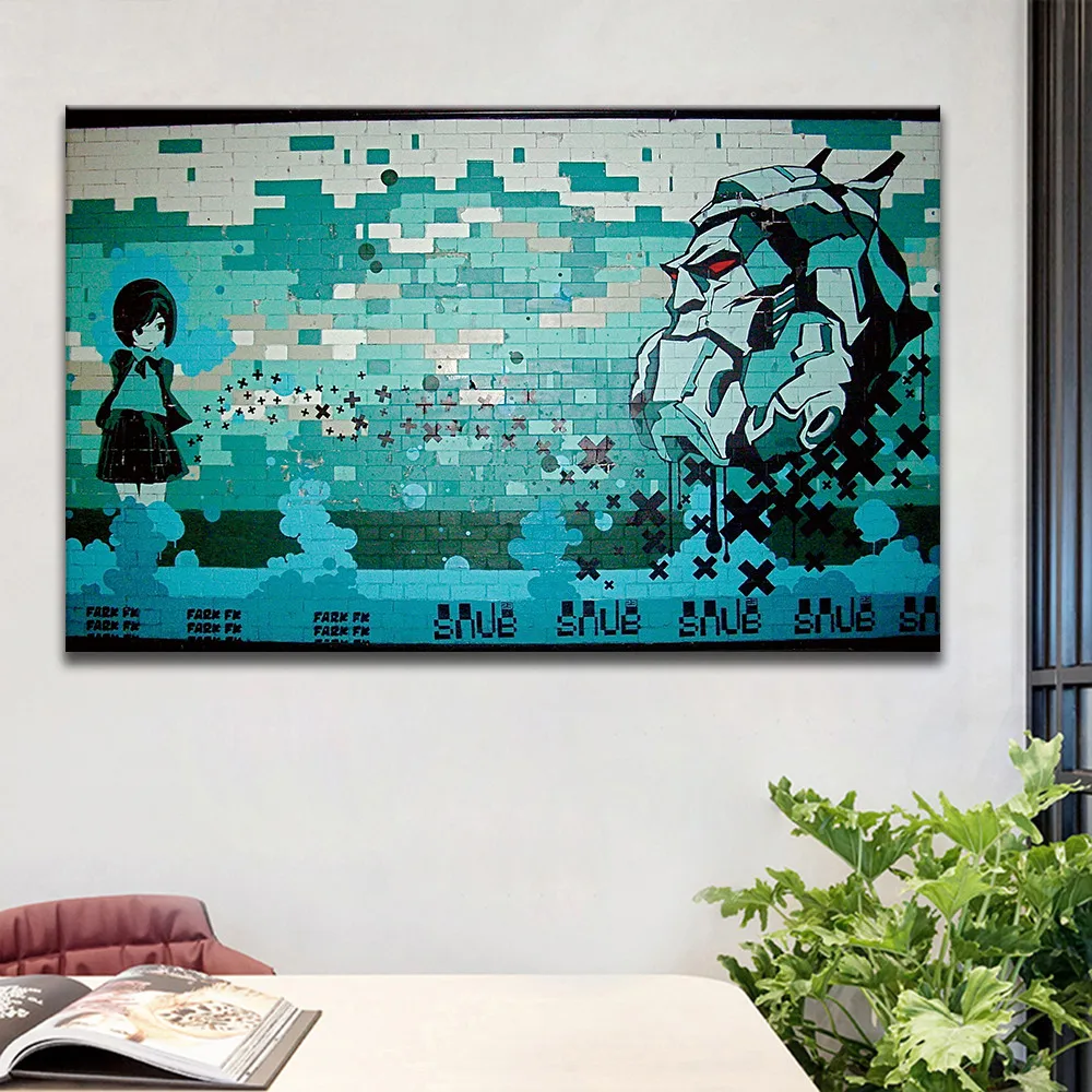 Портрет девушки и головы из мультфильма граффити картина маслом на холсте