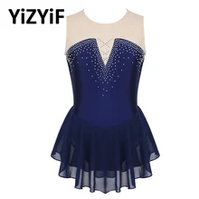 Kids Girls Gymnastics Leotard Dress Leotard Ballet Sparkly Inlaid Rhinestone Mesh Splice Figure Skating Dress Ballet Dance wear