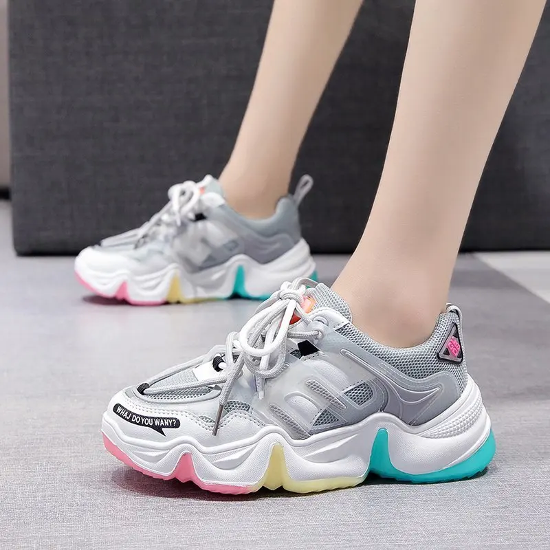 

New Autumn Sneakers Women Shoes High Heels Platform Shoes Woman Lace Up Thick Bottom Breathable Air Mesh Casual Shoes Plus Size