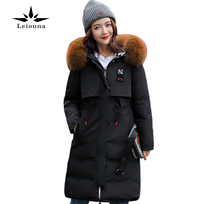 

Leiouna Jacket Women Hooded With Fur Wear Female Winter Zipper Coat Girl Long Warm Thick Cotton Parka Letter Mujer Style