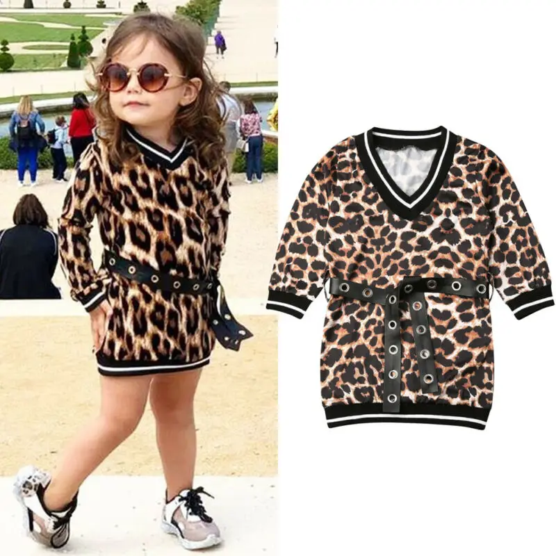

Leopard Print Autumn Dress for Kids Baby Girl Clothes Long Sleeve V-neck Party Sweatshirt Fashion Dress