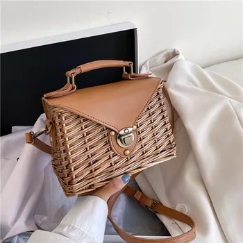 

Straw Hand-woven Women's Handbag Rattan Small Square Crossbody Bag Summer New Beach Shoulder Bag Fashion Knitting Box Tote Bag