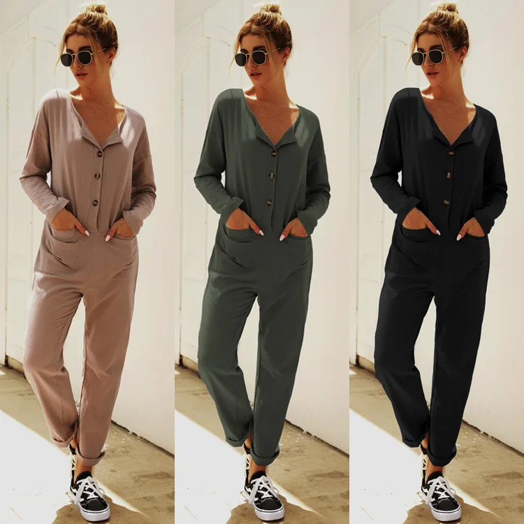 

Home Solid Color Jumpsuit Autumn Long Sleeve Cotton and Linen Pocket Button Casual Jumpsuit Enteritos Mujer Verano Romper Women