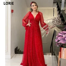 

LORIE Red Bling Glitter Long V Neck Wedding Evening Dresses Sleeveless Sparkly Long Puff Sleeves Pleated Party Dresses Gowns