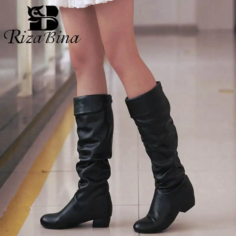 

RIZABINA Women Knee High Boots Winter Plush Fur Keep Warm Low Heels Shoes Women Casual Brand Round Toe Long Boots Size 34-43