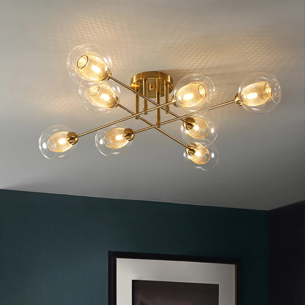 

Nordic Luxury Art Decor LED Chandelier Gold Hanging Stand Lighting Fixtures Living Room Clear Glass Shade Elegant Lights
