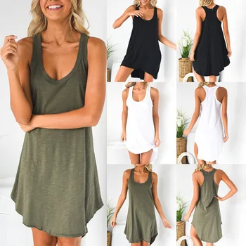 

Women Summer Sleeveless Square Collar Loose Tank Dress Casual Beach Style Short Mini Dress Sexy Solid I-Back Female Vestido