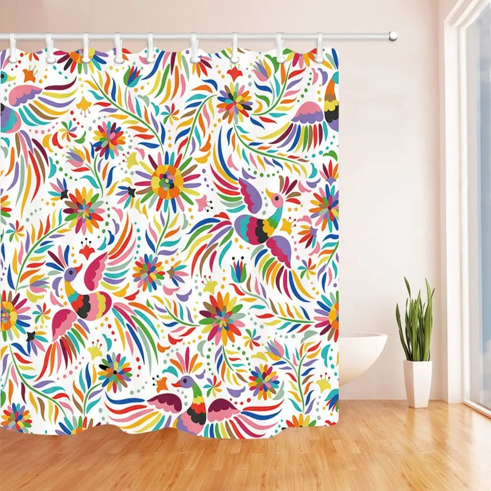 

Mexican Floral Bath Curtain, Ethnic Art Birds and Paisley Flowers in White, Polyester Fabric Shower Curtains for Bathroom Decor