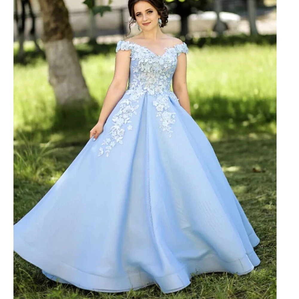 Robe De Soiree, бальное платье, платье для выпускного вечера, Цветочная аппликация,, небесно-голубое, с открытыми плечами, официальное, вечернее, вечернее платье Abiye