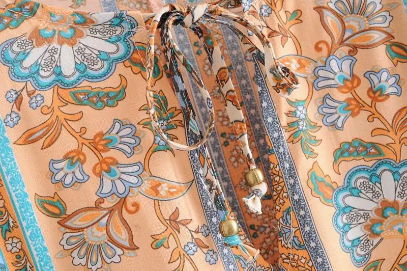Осеннее платье женское винтажное элегантное, с цветочными мотивами, платье в стиле бохо, с длинным рукавом, со шнуровкой, о-образным вырезом, с поясом, повседневное Длинное Макси платье