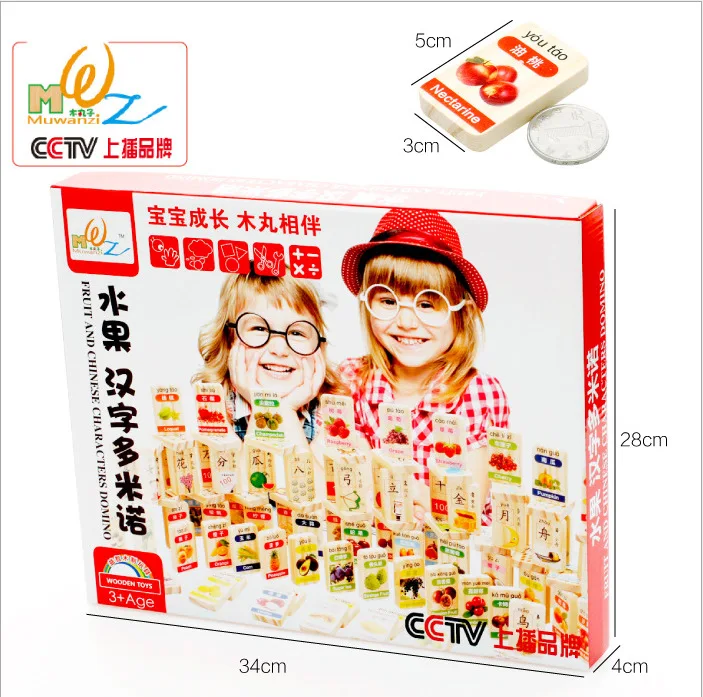 

MWZ 100 Pieces Double-Sided Circular Bead Fruit Chinese Characters with Numbers Cognitive Pine Domino Calculation Dominoes Toy