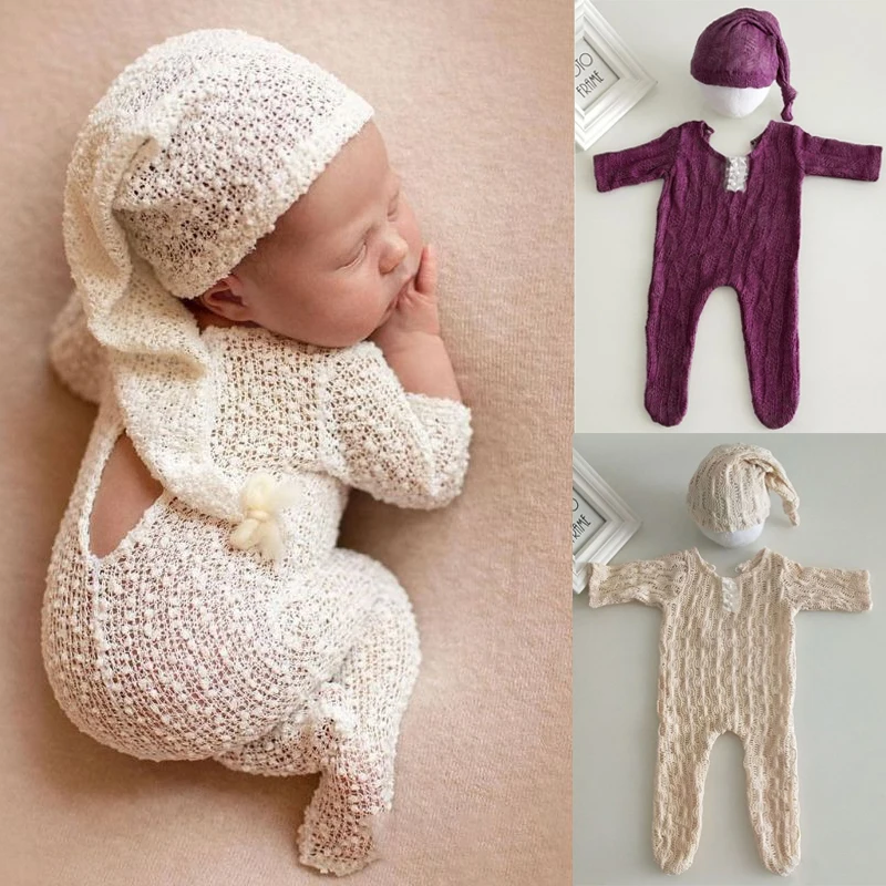 Uds accesorios de fotografía recién nacido, pelele + sombrero, conjunto de monos de manga larga, traje hecho a mano, ropa de punto, ducha para niños