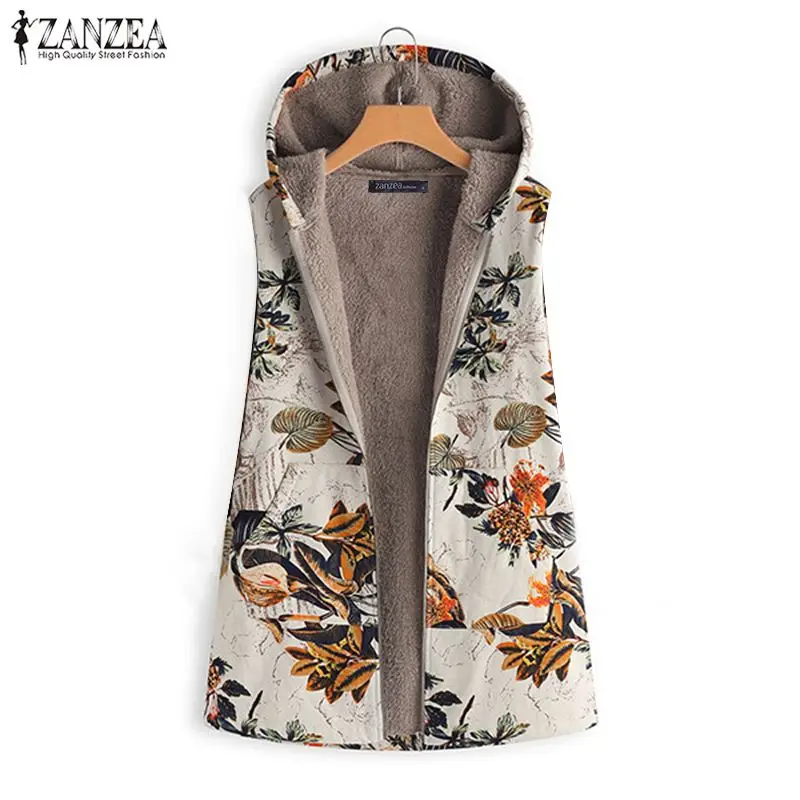 lower price Vintage Women's Sleeveless Jackets 2019 ZANZEA Casual Print Coats Fur Lining Outwear Winter Floral