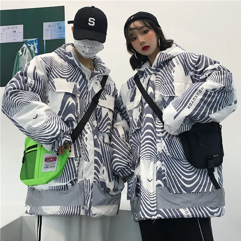 

Winter Thick Jacket Men Warm Parka Men Fashion Print Multi-pocket Hooded Coat Man Streetwear Loose Hip Hop Jackets Male Clothes