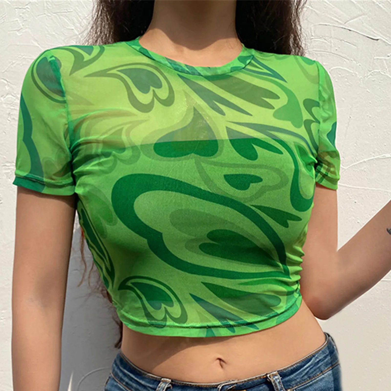 Y2k Women's Crop Top clothes Sexy Mesh goth Print Cropped T-shirt Hedging Summer Fashion Sleeve Short Sleeve T-shirts 2