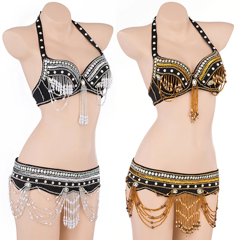 

Sexy Women Belly Dance Costume Set Bra+Belt 2 Pieces Handmade Beaded Ladies Bellydance Suit For Women Oriental Costume DN2008