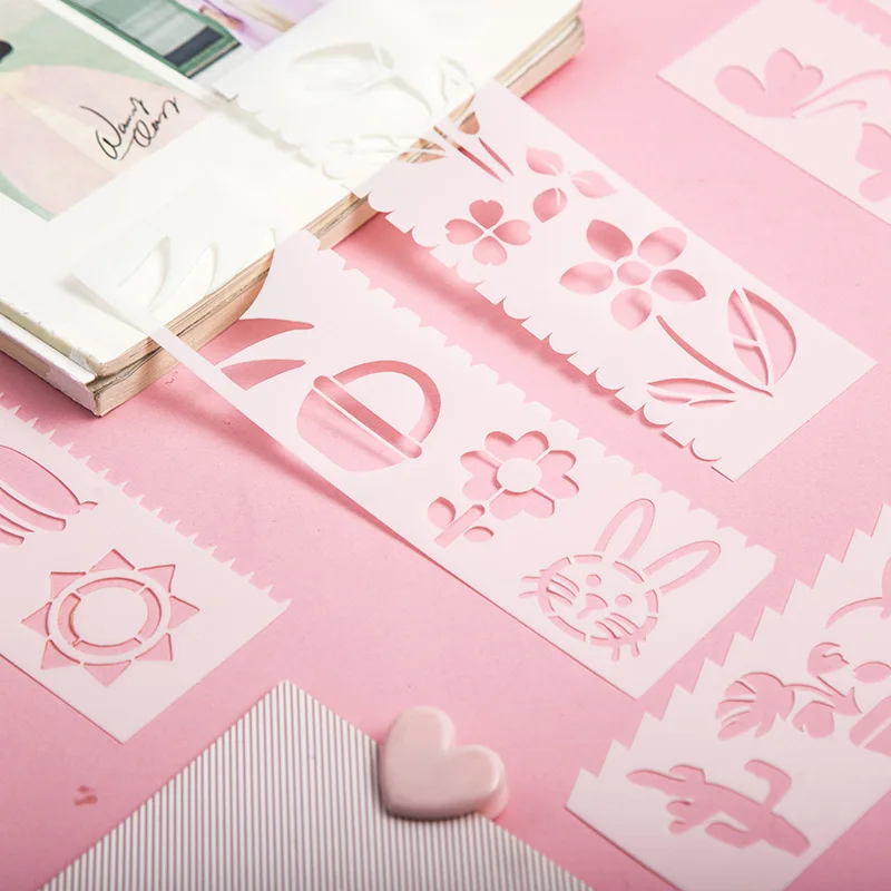 

8PCS/lot Kawaii Stencils DIY Painting Decorative Template Cute Plant Animal Scrapbooking Diary Stencil Student School Suppliers