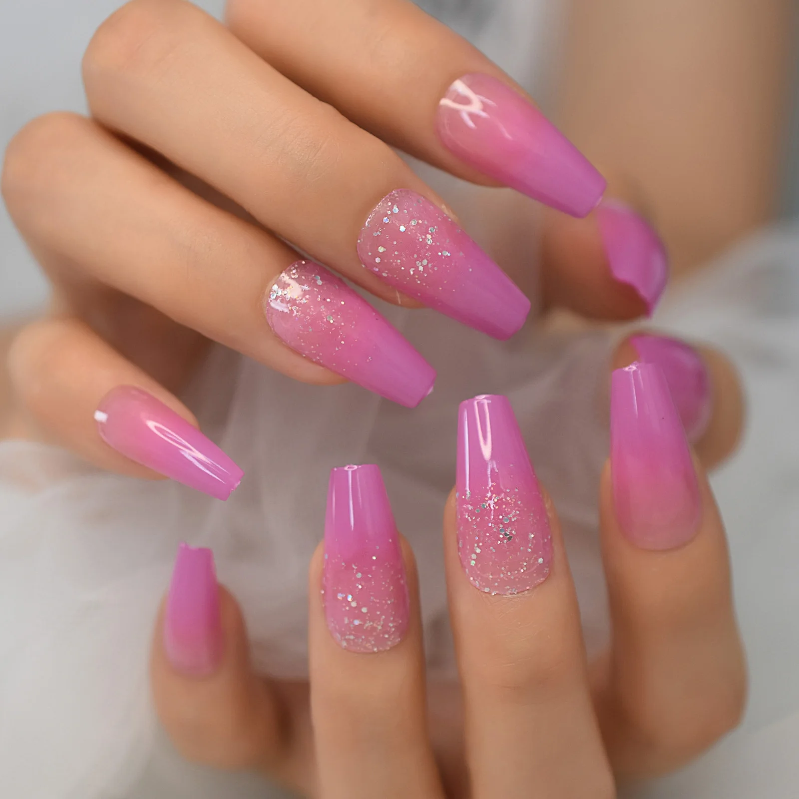 Press On Nails Medium Length Violet Glitter Coffin Ballerina Fake Nails Set  Full Cover Gel False Nail Art Women Valse Nagels - False Nails - AliExpress