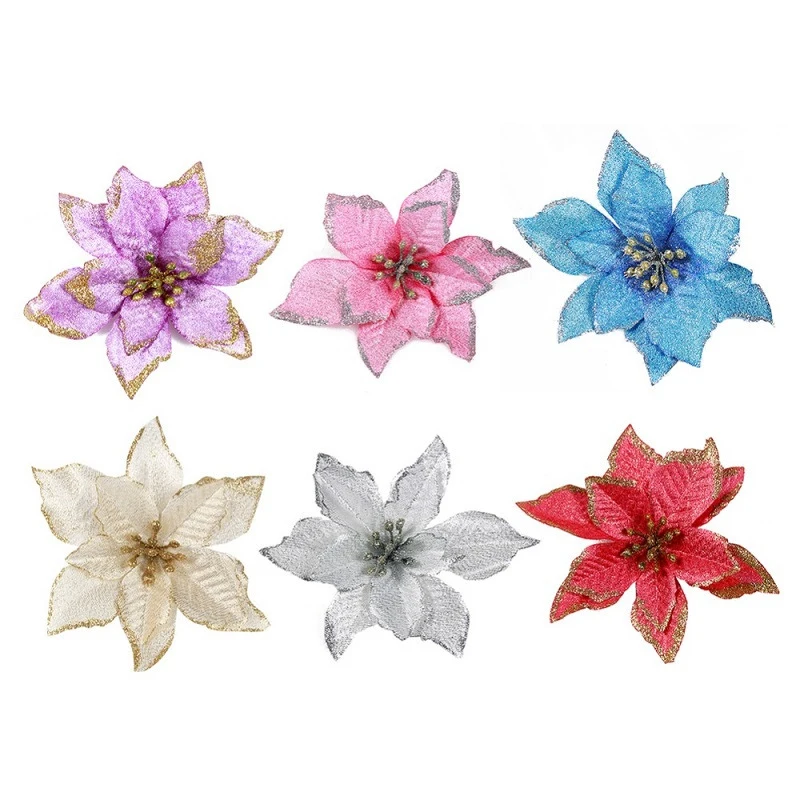 10pcs Simulation Artificial Flowers Christmas Glitter Hollow Flower Wedding Flowers Valentine's Day DIY Party Decoration