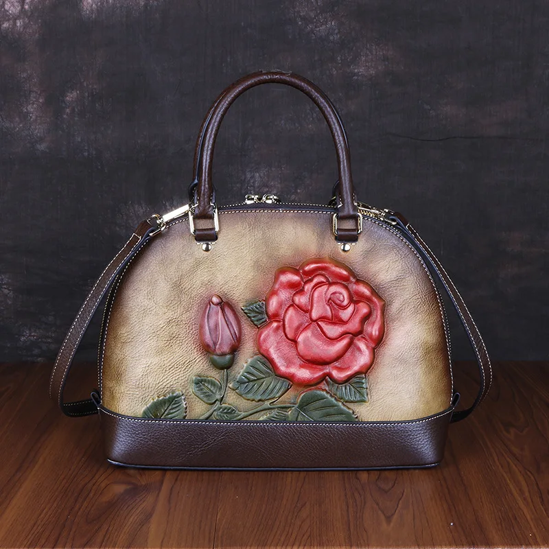 Johnature High Quality Genuine Leather Luxury Handbags Women Bags New Retro Handmade Embossing Shoulder& Crossbody Bags