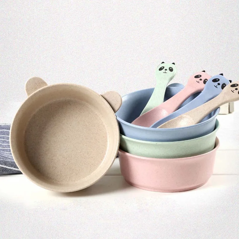 2 Pcs/Set Baby Feeding Tableware Wheat Kid Dishes Eco-Friendly Children Learning Training Dinnerware Plate Bowl Spoon Set
