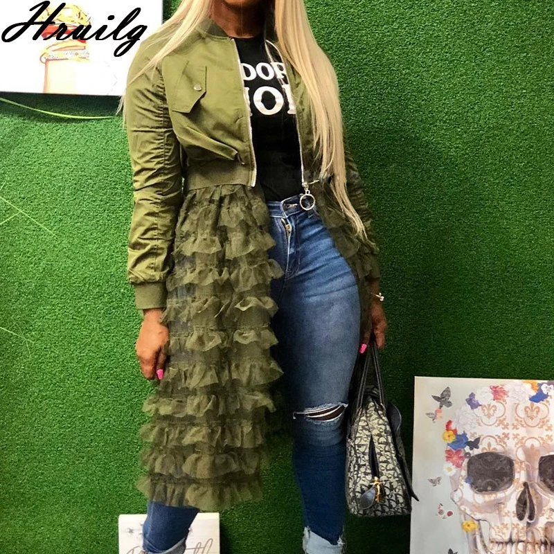 Long Trench Women Solid Plus Size Coat&mesh Patchwork Button Long Sleeve Trench Coat for Women Fashion Streetwear Femme Veste