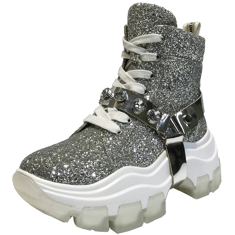 

Womens Sequins Bling Sliver Crystal Diamond Ankle Boots Platform Hoof High Heel Genuine Leather Belt Buckle Shoes Luxury