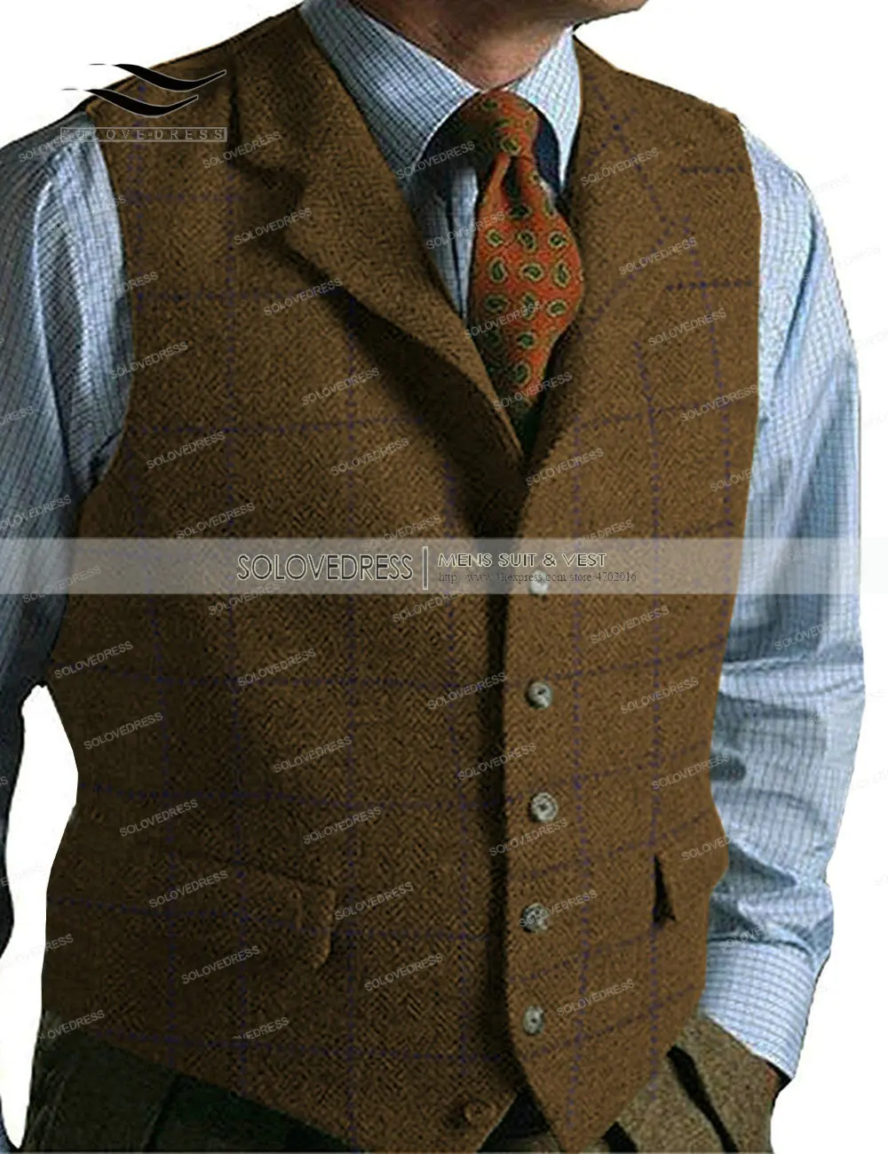 Mens Suit Dress Vests Green Casual Gentleman Men's Plaid Soft Wool Jacket Vest Tweed Business Coffee Waistcoat for Best Man Wedding for Party