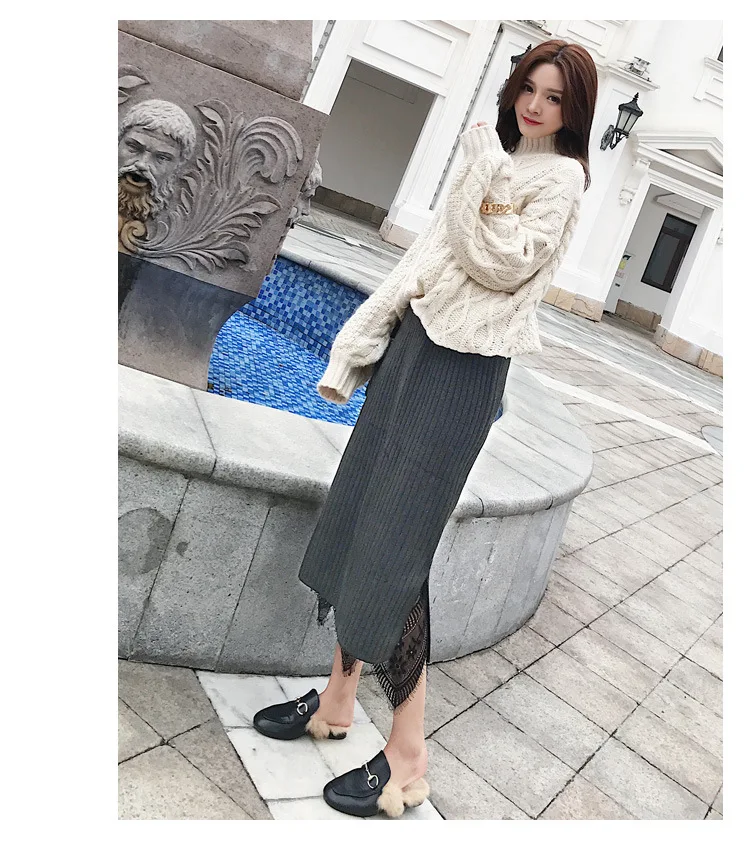 Knitted skirt in the long section stitching lace skirt Korean women's slim pack hip skirt two kinds of wearing
