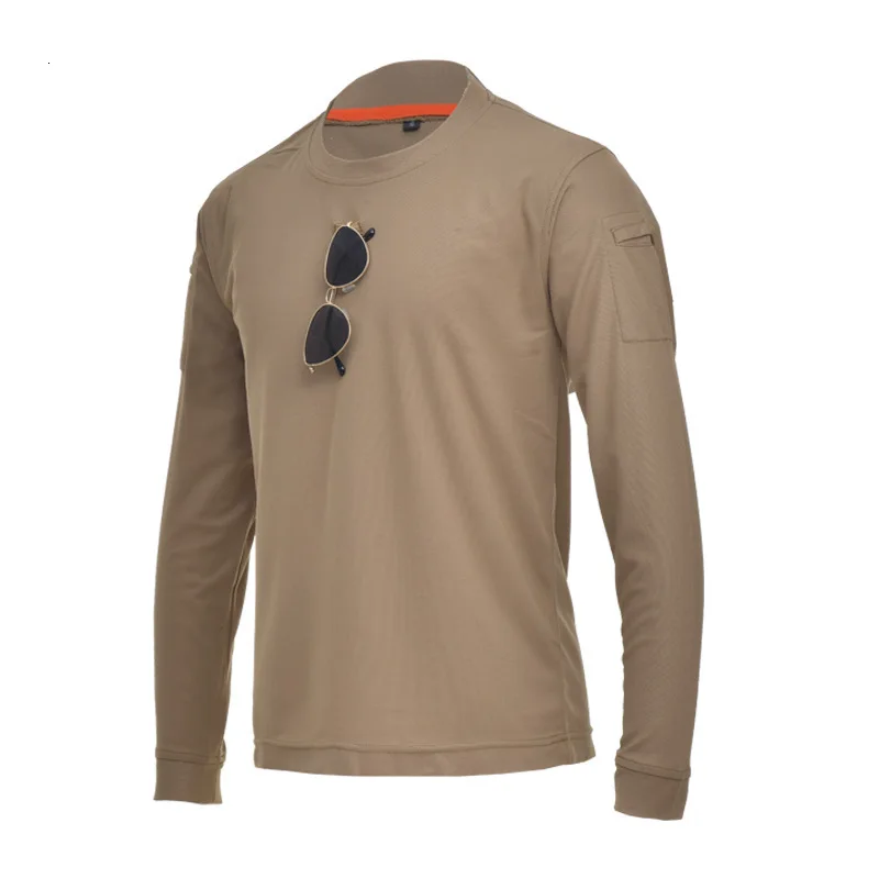 Армейский веер, тактическая Мужская рубашка с длинным рукавом, свободная, большой размер, стрейчевая футболка с круглым вырезом, уличная, походная, для альпинизма, тренировочная, военная футболка - Цвет: khaki