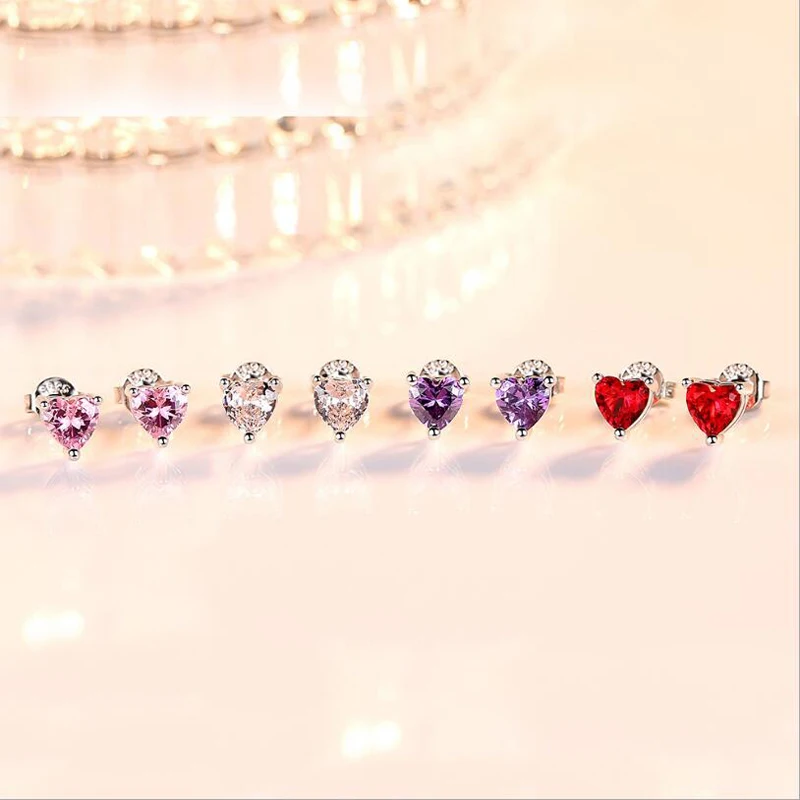 

925 Sterling Silver Heart White/Purple/Red/Pink CZ Stud Earrings for Women Brincos Fine Jewelry Bijoux SCE090