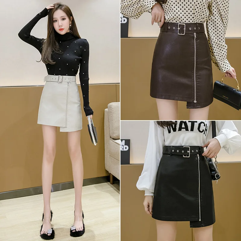 

Autumn Winter Women Skirt PU Leather Sexy Mini Skirt With Belt Irregular A-line Wrap Hip High Waist Skirts Women Fashion Skirt