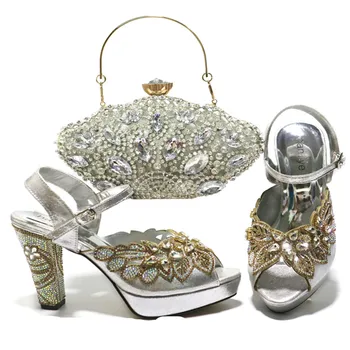 

New Arrival Italian Design Shoes with Matching Bags Set Decorated with Rhinestone Women Shoes and Bags in Silver Color for Party
