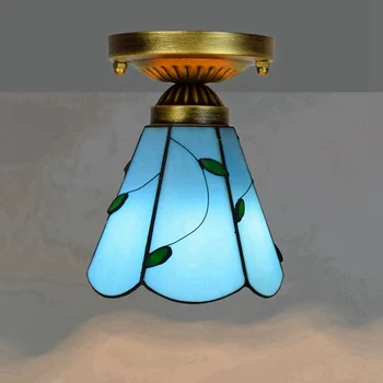 

6-Inch 15cm Tiffany Colored Glass Corridor Balcony Small Ceiling Lamp Mediterranean Blue Leaves