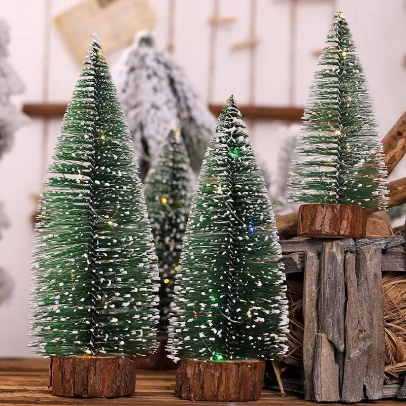 

Mini Christmas Tree with Colour Lamps Snowflakes Artificial Small Pine Tree Xmas Batteries Party Wooden Base Decoration