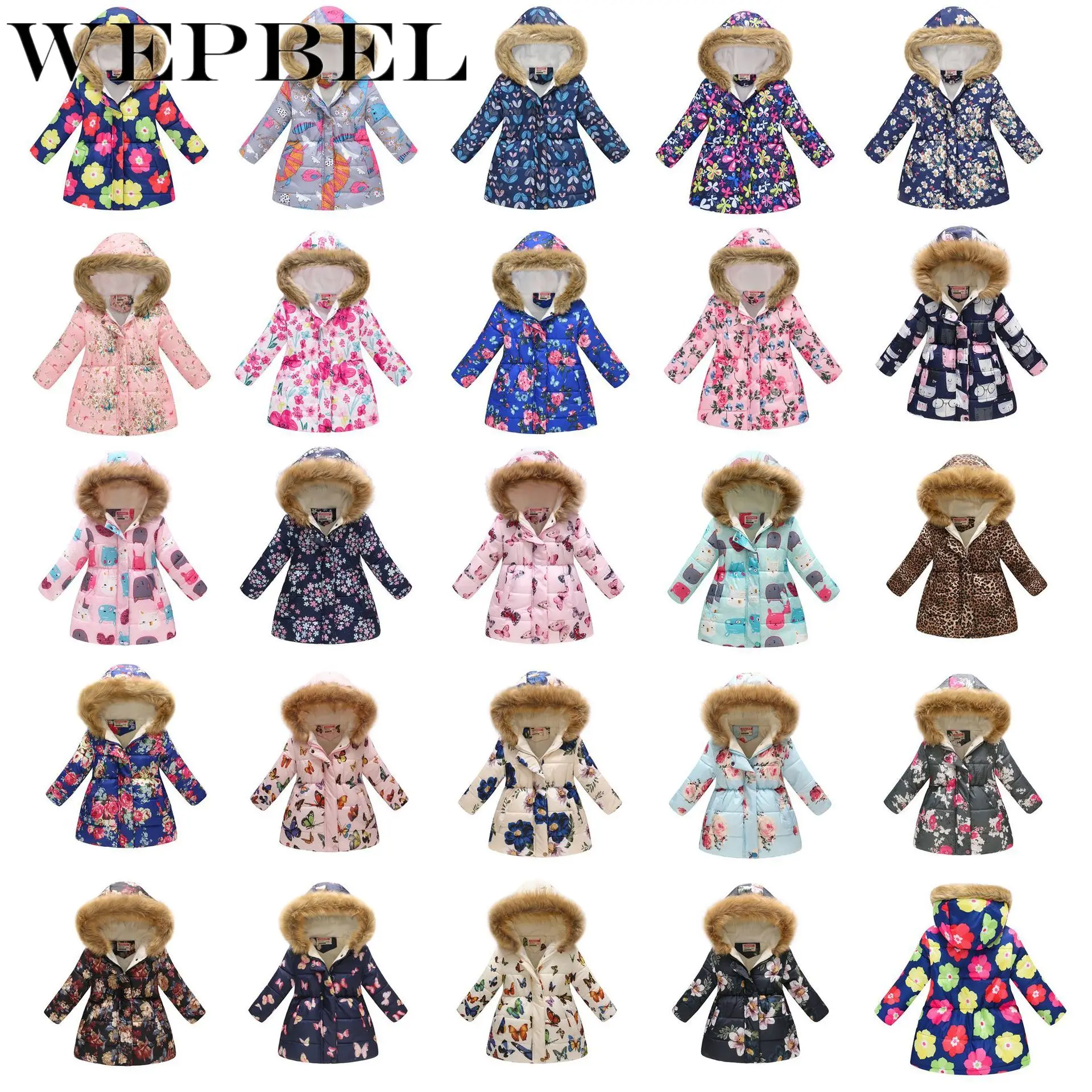 WEPBEL/Детский пуховик для маленьких девочек и мальчиков зимнее пальто пуховая теплая меховая толстовка с цветочным принтом детская одежда