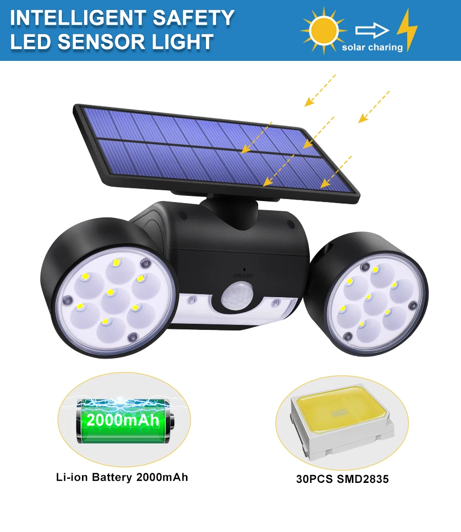 Двойной головной солнечный светильник Открытый водонепроницаемый сад настенный солнечный светильник с 30 светодиодами регулируемый угол безопасности освещения 500lm