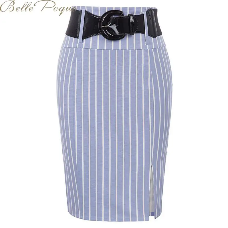 Belle Poaue, женские элегантные юбки до колена, Женская Офисная облегающая Осенняя юбка миди, Повседневная облегающая Полосатая юбка-карандаш