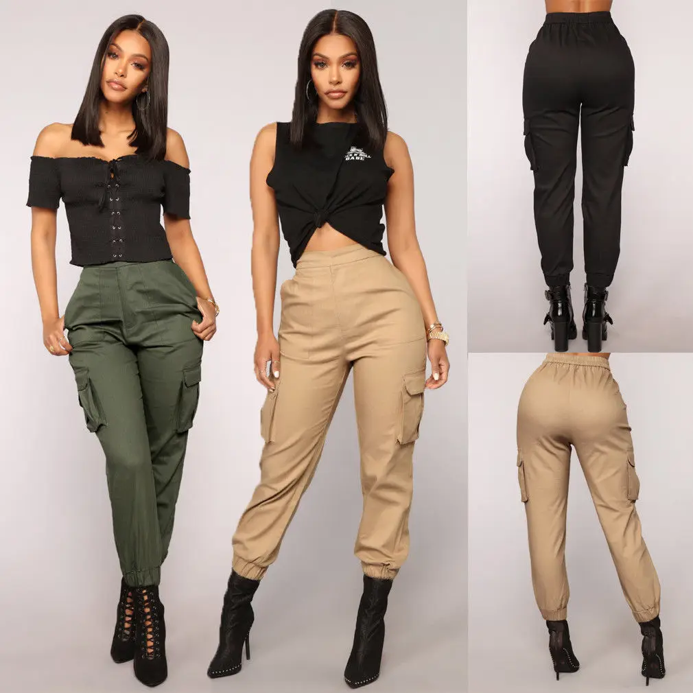 New Fashion Stretch Women Pants High Waist Cargo Ladies Pants Khaki Army Green Black Casual Long Trousers New Fashion Stretch Women Pants High Waist Cargo Ladies Pants Khaki Army Green Black Casual Long Trousers