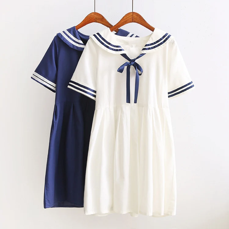 New Japanese Preppy Style Lolita Dress Cosplay Costume Navy Style Sailor Bow Dress Women White Lolita