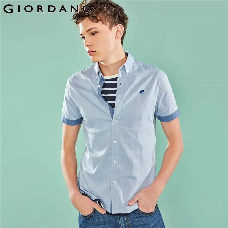 Giordano Оксфорд рубашка с короткими рукавами slim fit и вышивкой лягушки на груди
