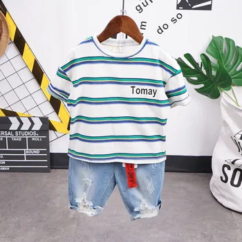 

2PCS WLG Boys Casual Outfits Kids Summer Striped Short Sleeve T Shirt and Denim Blue Ripped Short Set Baby Boy Outfits for 2-6T