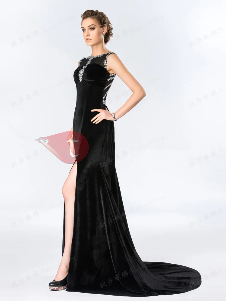 vestido de festa sexy High split black sleeveless velour long evening robe de soiree vestido longo mother of the bride dresses