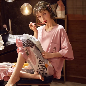 

New Arrivals Women Home Wear Summer Short Sleeved Women Pajamas Set Long Pant Pyjamas Sets Full Cotton Leisure Sleepwear Top