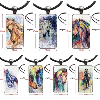 

For Unisex Artistic Watercolor Running Horse Print Glass Cabochon Pendant Necklace Rectangle Fashion Necklace